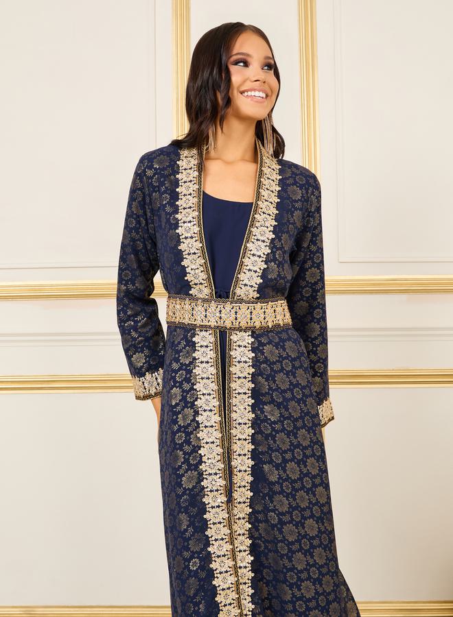 Maxim Creation Foil Print Thread Embroidered Stone Detail Belted Kaftan by Styli - Image 4