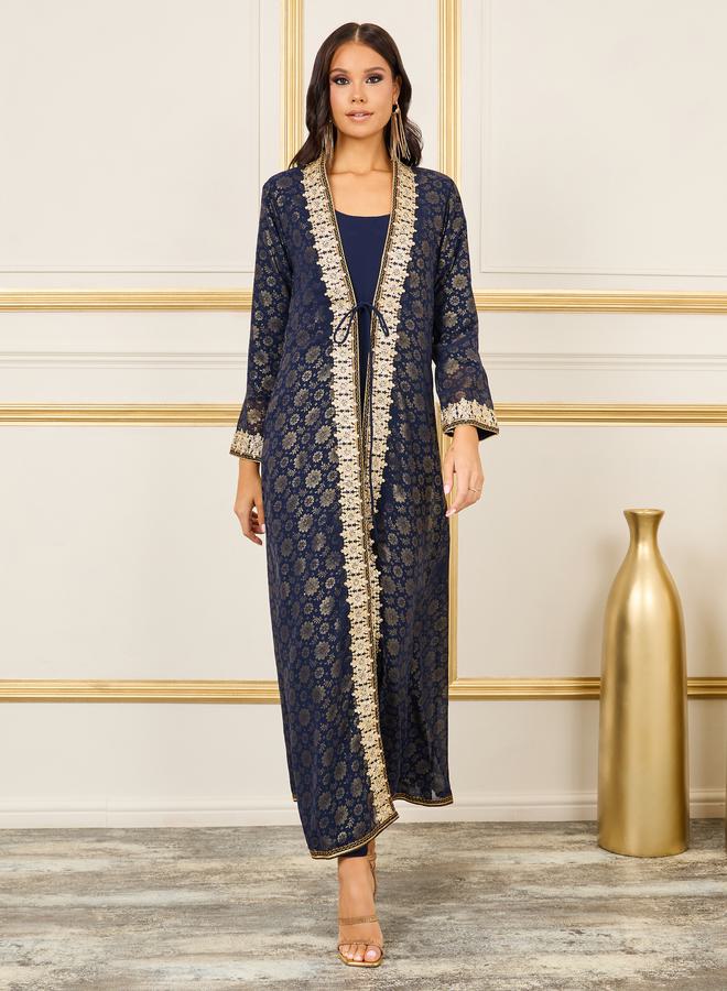Maxim Creation Foil Print Thread Embroidered Stone Detail Belted Kaftan by Styli - Image 2