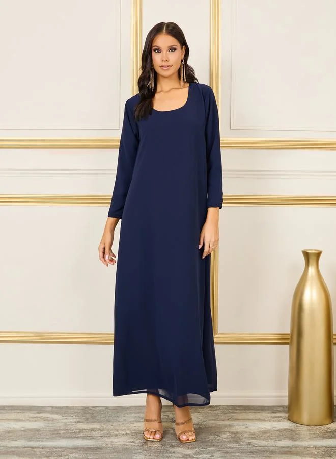 Maxim Creation Foil Print Thread Embroidered Stone Detail Belted Kaftan by Styli