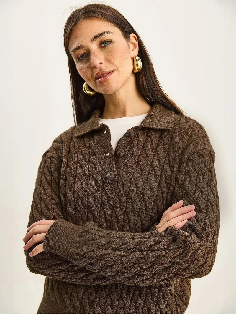 LUCCI Thick Braid Patterned Polo Neck Sweater