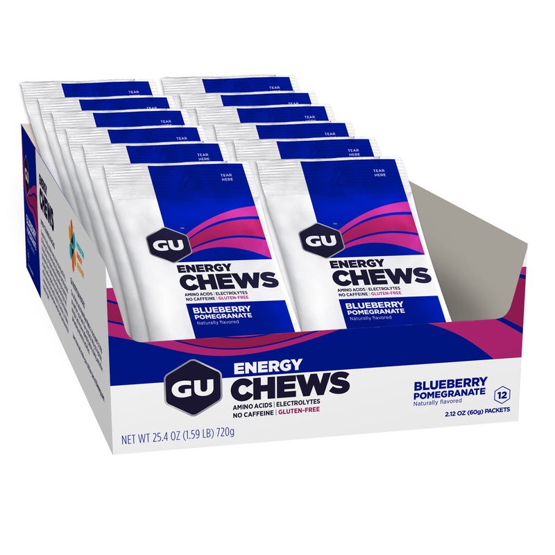 GU Energy Chews, Blueberry Pomegranate Energy Gummies with Electrolytes, Vegan, Gluten-Free, Kosher, and Dairy-Free On-The-Go Energy for Any Workout, 12 Bags (24 Servings Total) - Image 1