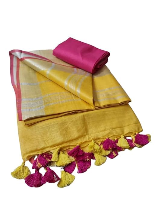 SheenKraft Hadloom Linen Cotton Blend Bhagalpuri Contrast Saree for Women (Yellow_Pink) - Image 5