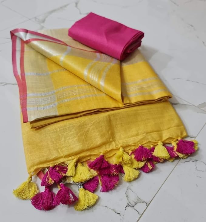SheenKraft Hadloom Linen Cotton Blend Bhagalpuri Contrast Saree for Women (Yellow_Pink) - Image 2