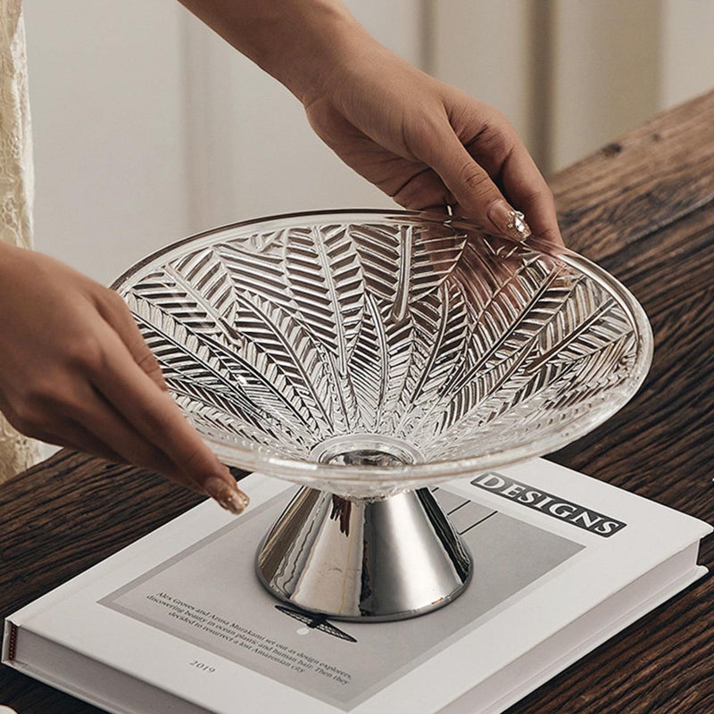Modern Glass Leaf Shaped Fruit Bowl with Silver Footed Base Living Room Table Centerpiece - Image 5