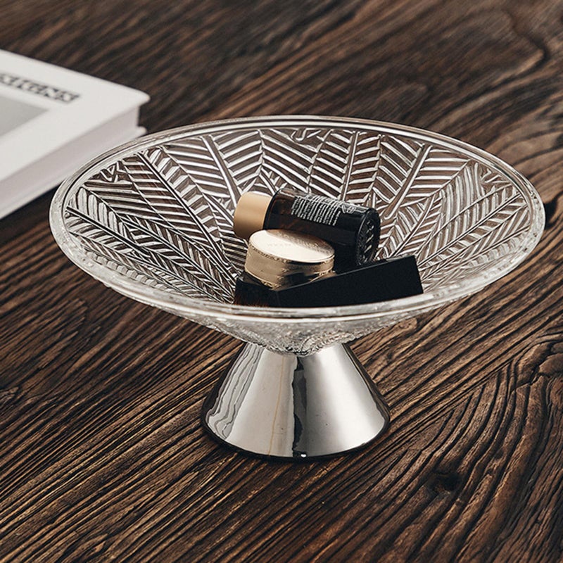 Modern Glass Leaf Shaped Fruit Bowl with Silver Footed Base Living Room Table Centerpiece - Image 4