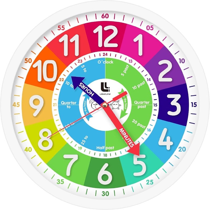 LibreLine 3D Kids Colorful Learning Wall Clock - Easy to Read - Telling Time Teaching Clock for Kids - Classroom Bedroom Wall Decor - Silent Analog Kids Clock for Homeschool, Playrooms, Nursery (12 inch) - Image 1