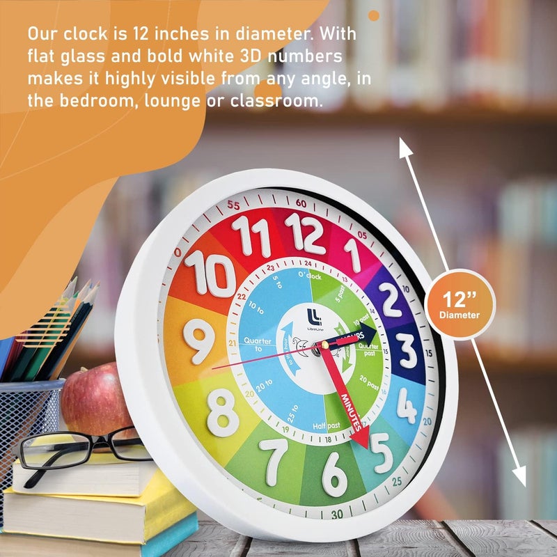 LibreLine 3D Kids Colorful Learning Wall Clock - Easy to Read - Telling Time Teaching Clock for Kids - Classroom Bedroom Wall Decor - Silent Analog Kids Clock for Homeschool, Playrooms, Nursery (12 inch) - Image 3