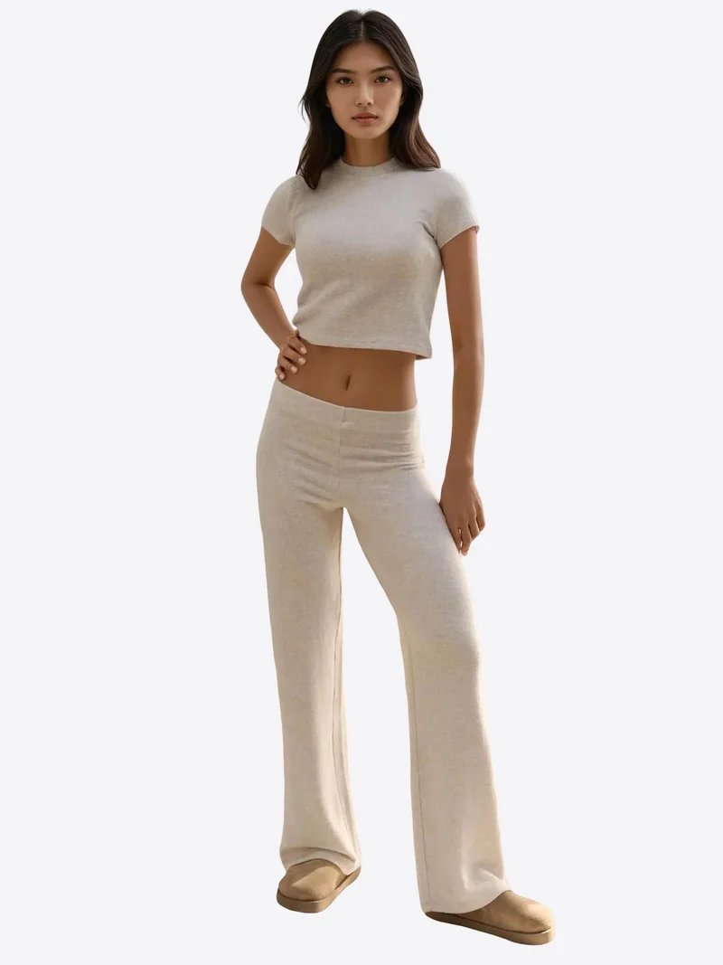 Hiccup Beige Natural Elastic Waist Soft Textured Knitted Pants for Women | Best Price UAE