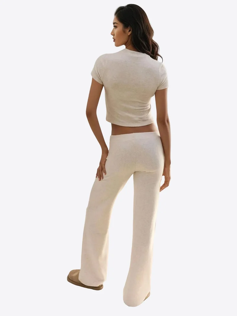 Hiccup Beige Natural Elastic Waist Soft Textured Knitted Pants for Women | Best Price UAE