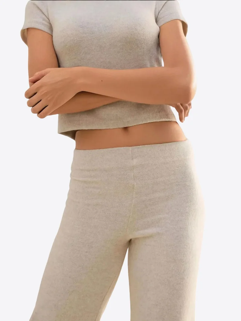 Hiccup Beige Natural Elastic Waist Soft Textured Knitted Pants for Women | Best Price UAE