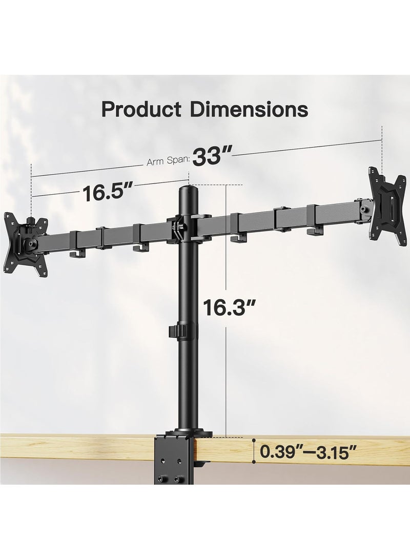 Hihonor Dual Monitor Desk Mount for 13″–34″ Monitors up to 26.5 lbs, Fully Adjustable Monitor Stand Holds 2 Computer Screens, Heavy-Duty Dual Monitor Arm with C-Clamp & Grommet Base, Black - Image 2