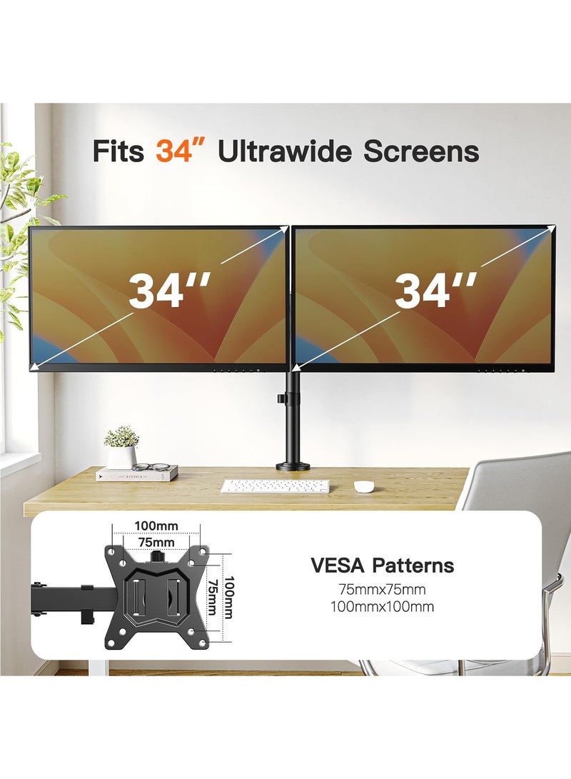 Hihonor Dual Monitor Desk Mount for 13″–34″ Monitors up to 26.5 lbs, Fully Adjustable Monitor Stand Holds 2 Computer Screens, Heavy-Duty Dual Monitor Arm with C-Clamp & Grommet Base, Black - Image 3