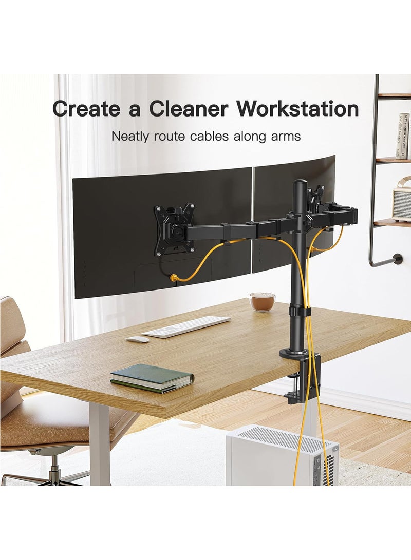 Hihonor Dual Monitor Desk Mount for 13″–34″ Monitors up to 26.5 lbs, Fully Adjustable Monitor Stand Holds 2 Computer Screens, Heavy-Duty Dual Monitor Arm with C-Clamp & Grommet Base, Black - Image 4
