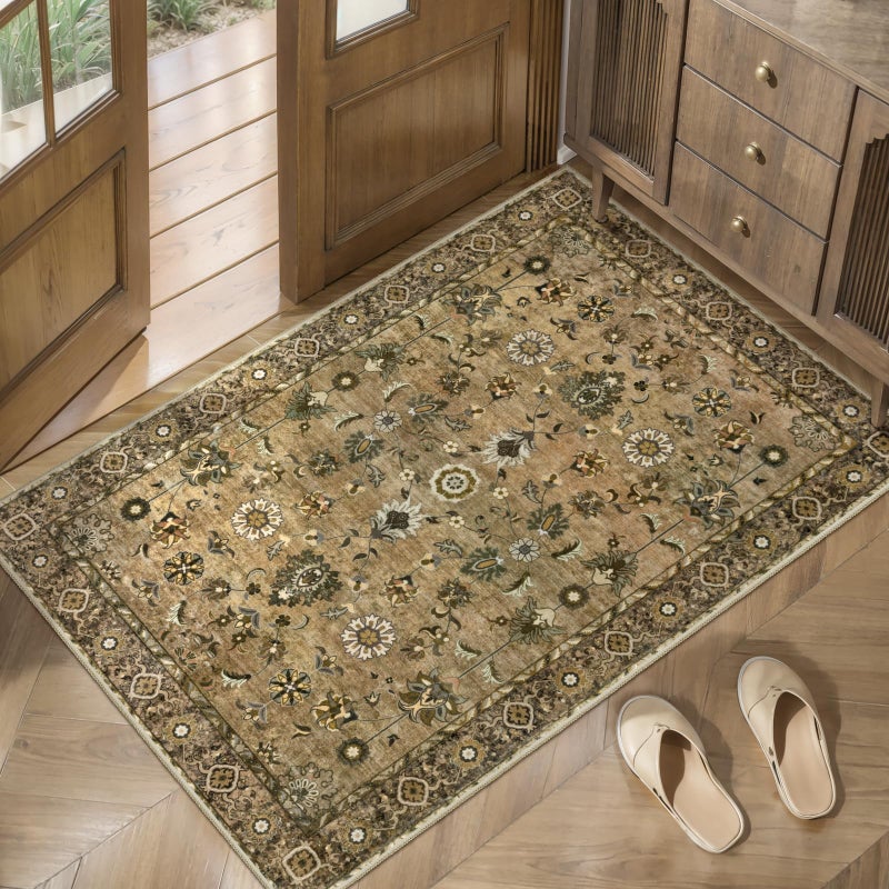 Tangsoo Vintage Floral Rug 2x3 Washable Rugs for Entryway, Small Area Rug, Non-Slip for Front Door, Brown Accent Rug Doormat, Soft Low Pile for Indoor Entrance Kitchen Bedroom - Image 1