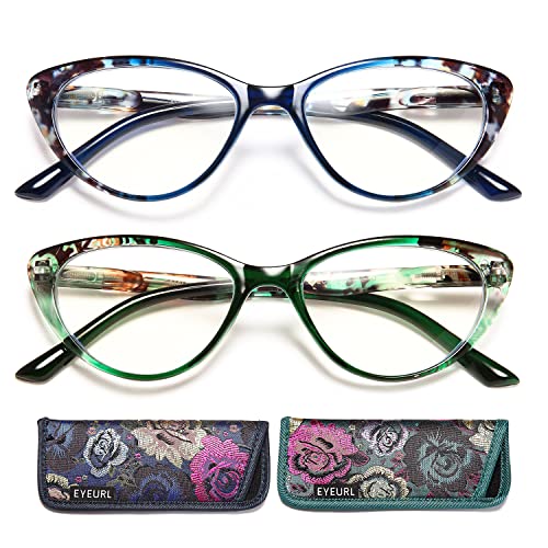 EYEURL Cat Eye Reading Glasses for Women, 2 Pack Blue Light Blocking Readers for Ladies Spring Hinge Fashion Pattern +0.75 Magnification Anti Eyestrain UV Protection - Image 1