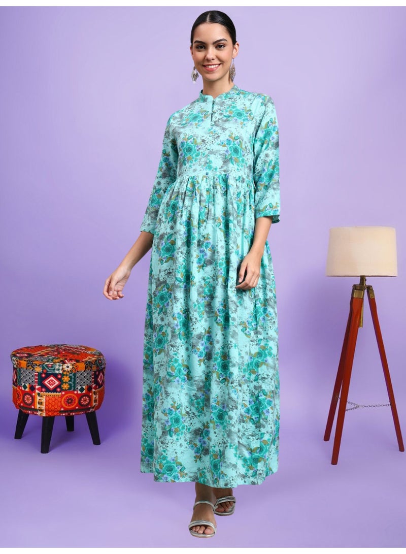 Alaya Women Floral Printed Cotton Jalabiya with Mandarin Collar & Three-Quarter Sleeves-AL4009 - Image 1