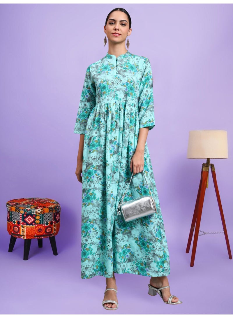 Alaya Women Floral Printed Cotton Jalabiya with Mandarin Collar & Three-Quarter Sleeves-AL4009 - Image 3