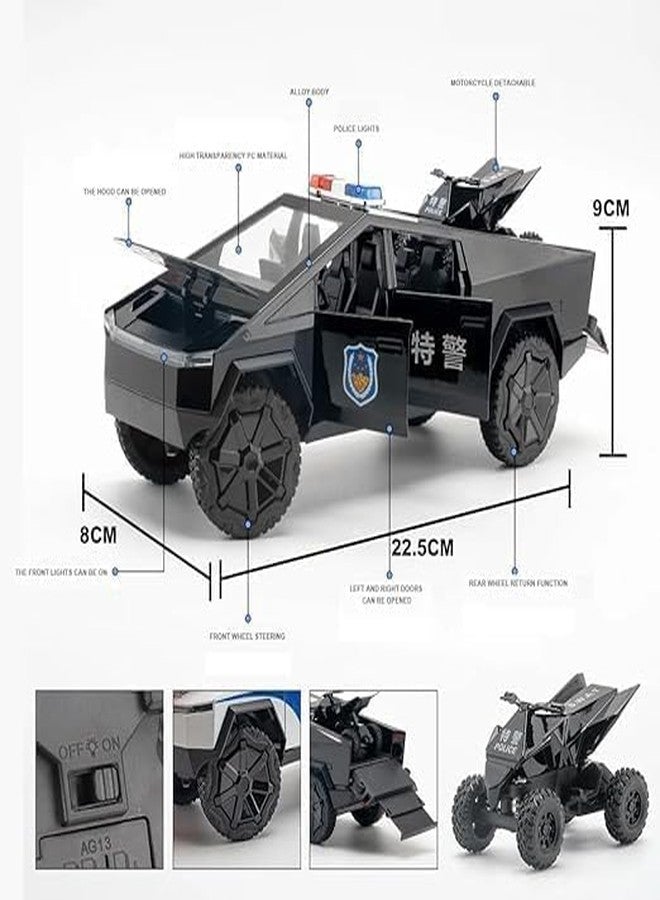 PEZYOX 1:24 Scale Die-Cast CyberTruck Police Model, Free Wheel with 6 Openable Doors, Steerable Tyres, Working Horn & Lights, Police Vehicle Toy for Kids and Collectors (Black) - Image 2