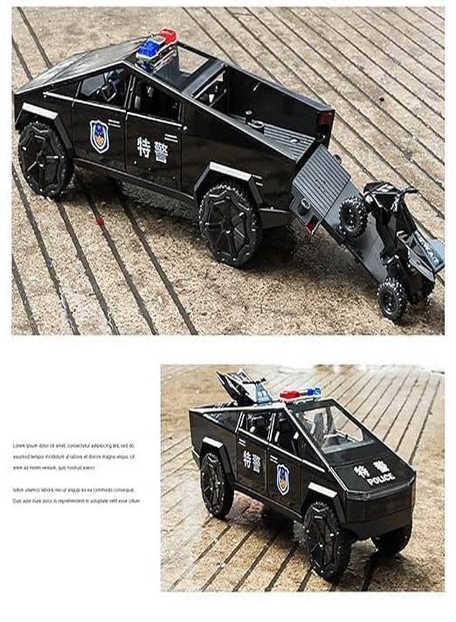 PEZYOX 1:24 Scale Die-Cast CyberTruck Police Model, Free Wheel with 6 Openable Doors, Steerable Tyres, Working Horn & Lights, Police Vehicle Toy for Kids and Collectors (Black) - Image 4