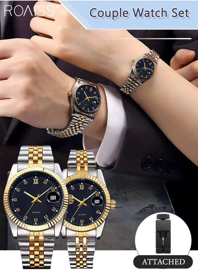 roaiss - Stainless Steel Strap Couple Quartz Watch Set, Analog Display Round Dial with Rhinestones Decoration, Luxurious Luminous Waterproof Calendar Watch Gift for Men Women - Image 1