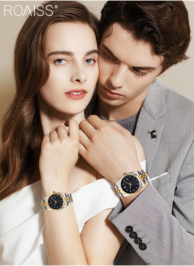 roaiss - Stainless Steel Strap Couple Quartz Watch Set, Analog Display Round Dial with Rhinestones Decoration, Luxurious Luminous Waterproof Calendar Watch Gift for Men Women - Image 1