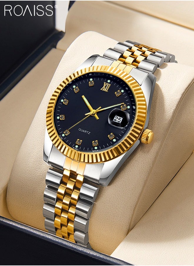 roaiss - Stainless Steel Strap Couple Quartz Watch Set, Analog Display Round Dial with Rhinestones Decoration, Luxurious Luminous Waterproof Calendar Watch Gift for Men Women - Image 1