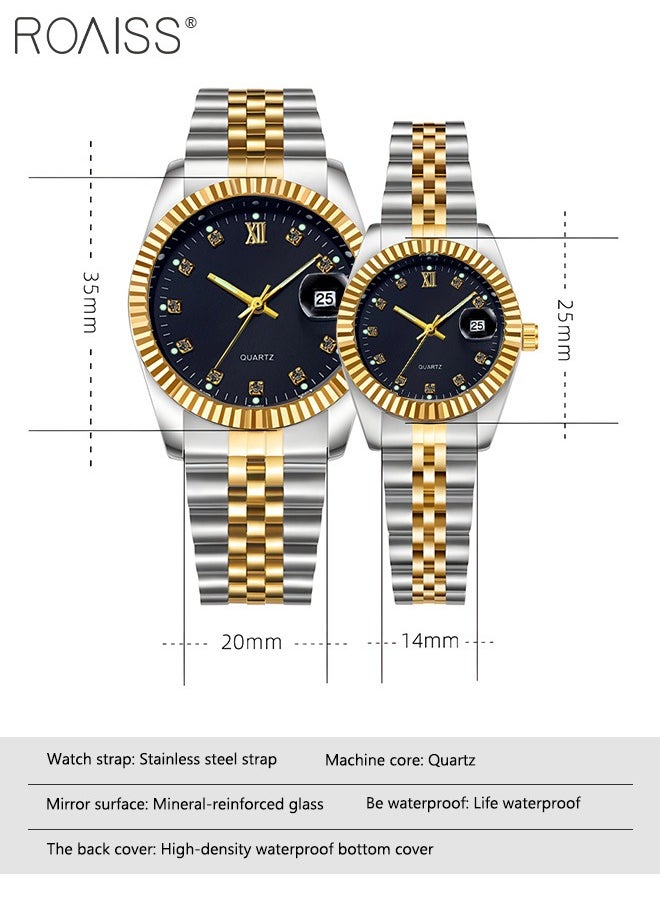 roaiss - Stainless Steel Strap Couple Quartz Watch Set, Analog Display Round Dial with Rhinestones Decoration, Luxurious Luminous Waterproof Calendar Watch Gift for Men Women - Image 1