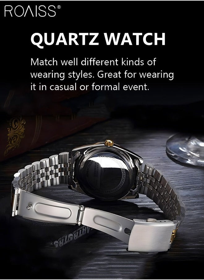 roaiss - Stainless Steel Strap Couple Quartz Watch Set, Analog Display Round Dial with Rhinestones Decoration, Luxurious Luminous Waterproof Calendar Watch Gift for Men Women - Image 1