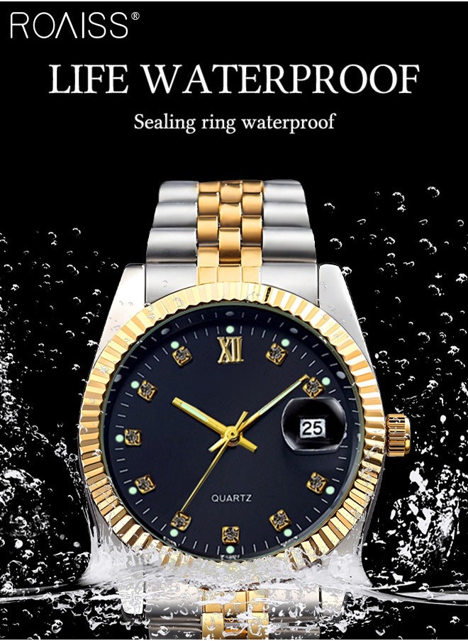 roaiss - Stainless Steel Strap Couple Quartz Watch Set, Analog Display Round Dial with Rhinestones Decoration, Luxurious Luminous Waterproof Calendar Watch Gift for Men Women - Image 1