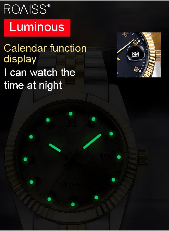 roaiss - Stainless Steel Strap Couple Quartz Watch Set, Analog Display Round Dial with Rhinestones Decoration, Luxurious Luminous Waterproof Calendar Watch Gift for Men Women - Image 1