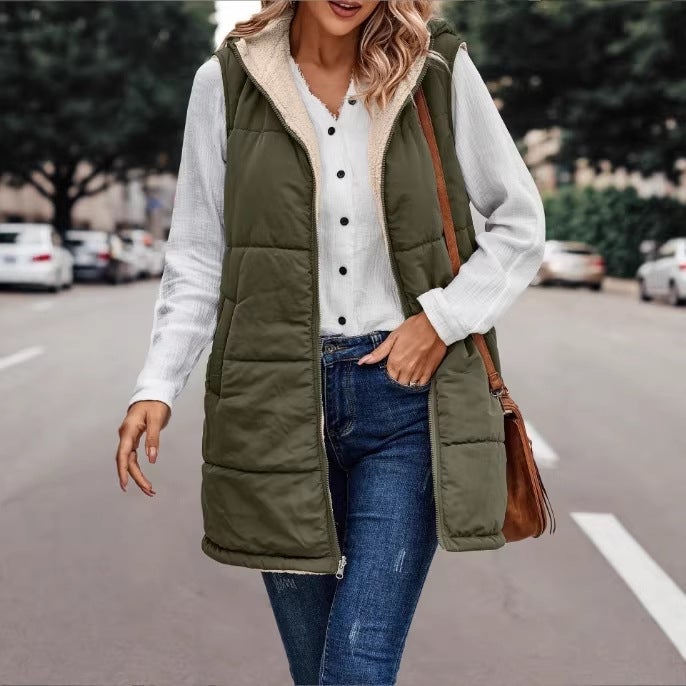 2023 Solid Color Hooded Cotton-Padded Vest Double-Sided Wear Slim Temperament Cardigan Coat Top - Image 1