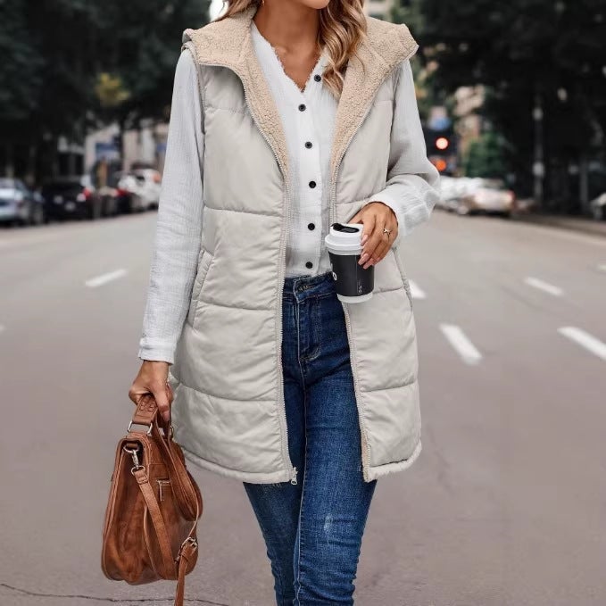 2023 Solid Color Hooded Cotton-Padded Vest Double-Sided Wear Slim Temperament Cardigan Coat Top - Image 2