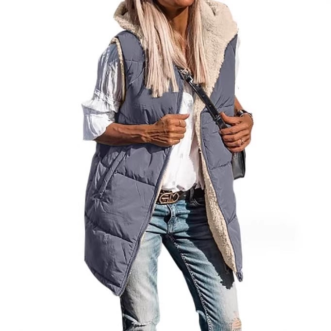 2023 Solid Color Hooded Cotton-Padded Vest Double-Sided Wear Slim Temperament Cardigan Coat Top - Image 3