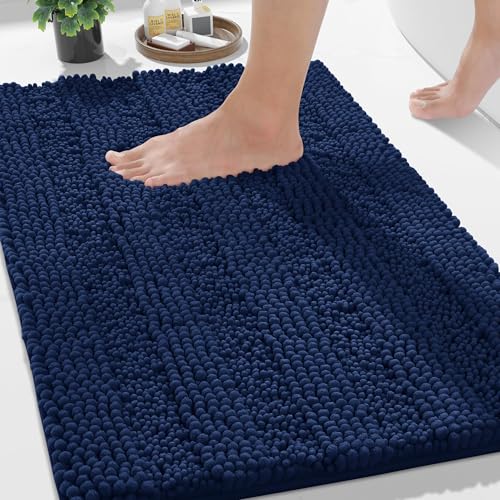 Yimobra Bathroom Rug Mat 24 x 17 Non Slip and Super Absorbent Bath MatMachine Washable Quick DryUltra Plush Chenille Shower Rugs for Bathroom Floor Sink Tub and Shower OutsideNavy Blue - Image 1