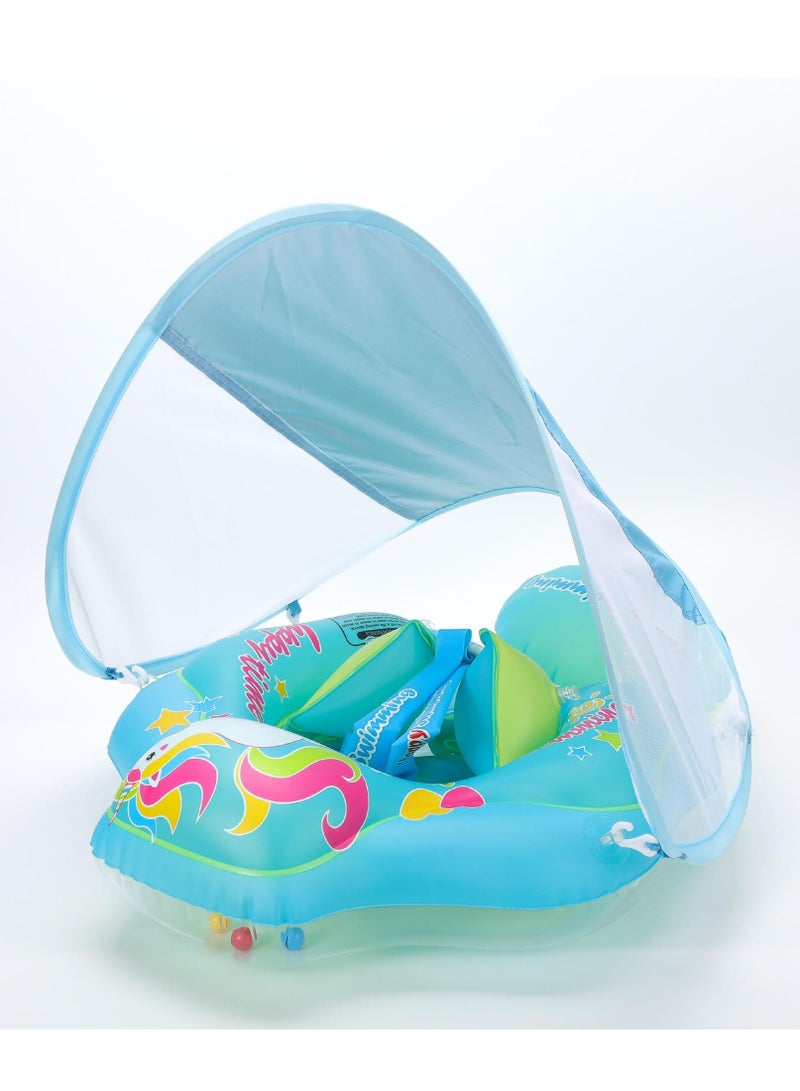 Arabest Children's Swim Ring, Anti-Roll, Inflatable Seat, Sun Canopy, Blue - Image 1
