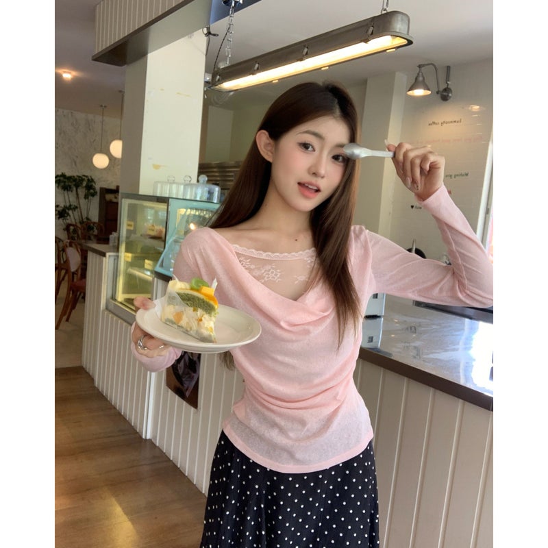 Women's Off-Shoulder Lace Spliced Asymmetrical Long Sleeve Slim Fit Blouse - Image 1