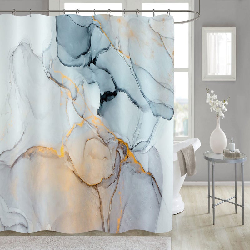 Gibelle Abstract Marble Shower Curtain Blue Grey Fabric Shower Curtain for Bathroom Modern Ink Art Decor Waterproof Shower Curtain Set with Hooks 71x71