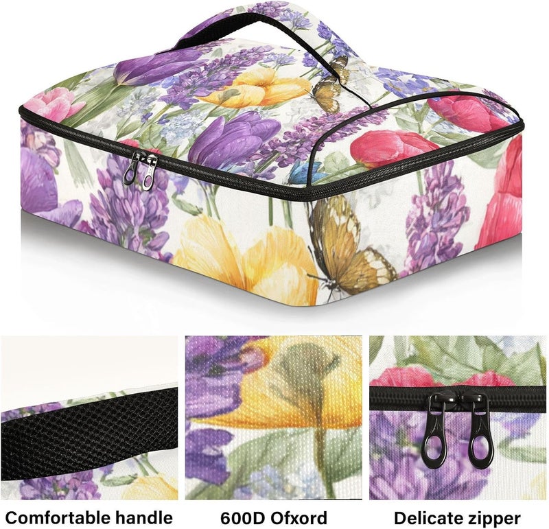 ElliTarr Casserole Carrier Insulated Casserole Dish Carrier Thermal Food Warmer Bag Lasagna Holder Lugger Tote Potluck Containers for Travel Picnic Party Tulips Lavenders Purple Butterfly - Image 2
