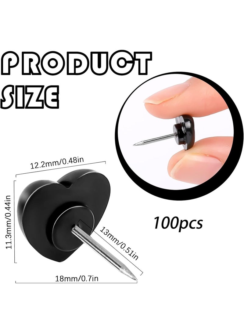 100pcs Push Pins, Plastic Pushpins Black Push Pins Heart Shaped Cute Thumb Tacks Decorative for Home School Office Notice Board Cork Board 0.47inch - Image 2