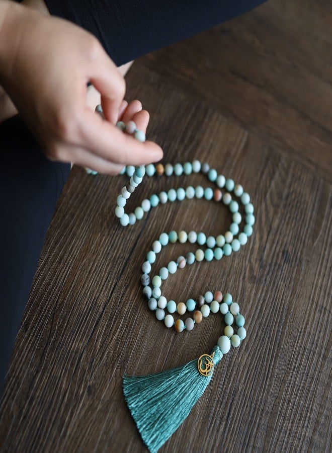 COAI OM Charm Hand Knotted Tassel Faceted Amazonite Stone 108 Mala Beads Necklace 8mm - Image 2