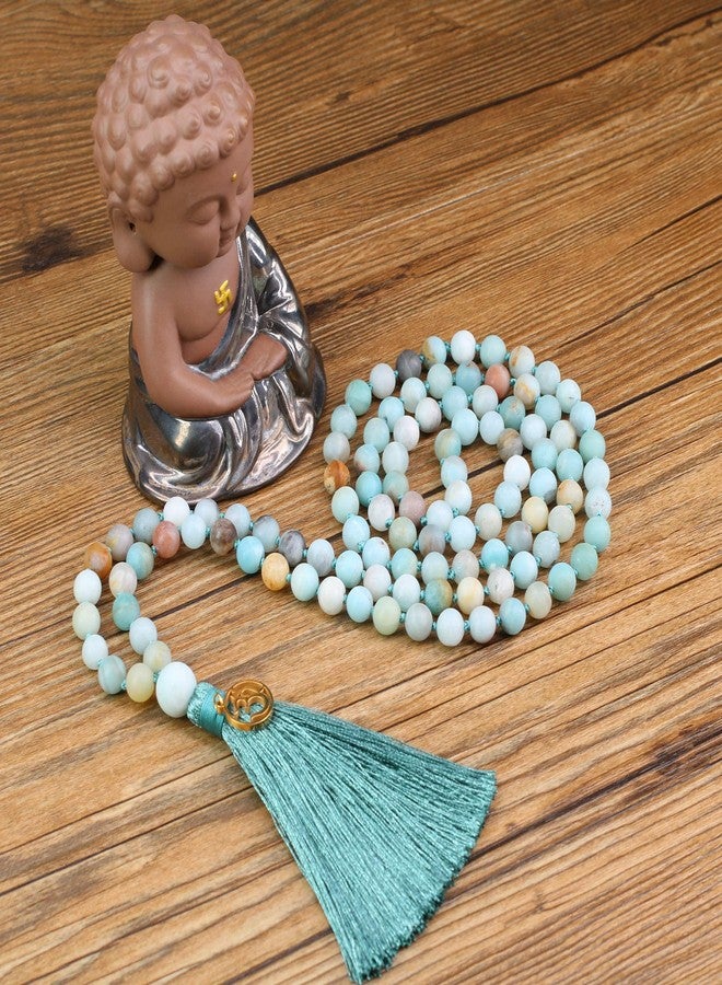 COAI OM Charm Hand Knotted Tassel Faceted Amazonite Stone 108 Mala Beads Necklace 8mm - Image 4