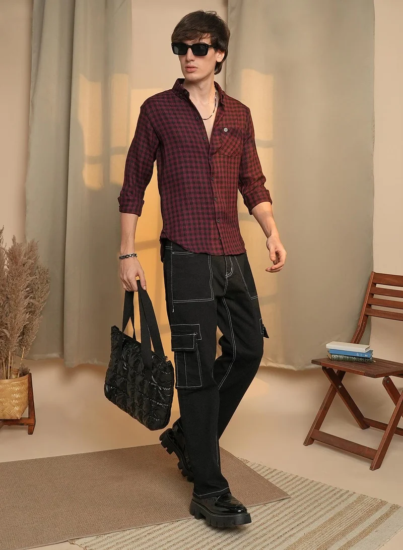 Campus Sutra Men's Wine Red & Charcoal Black Gingham Shirt