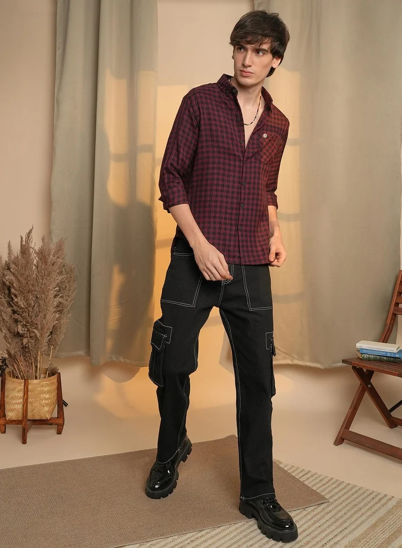Campus Sutra Men's Wine Red & Charcoal Black Gingham Shirt