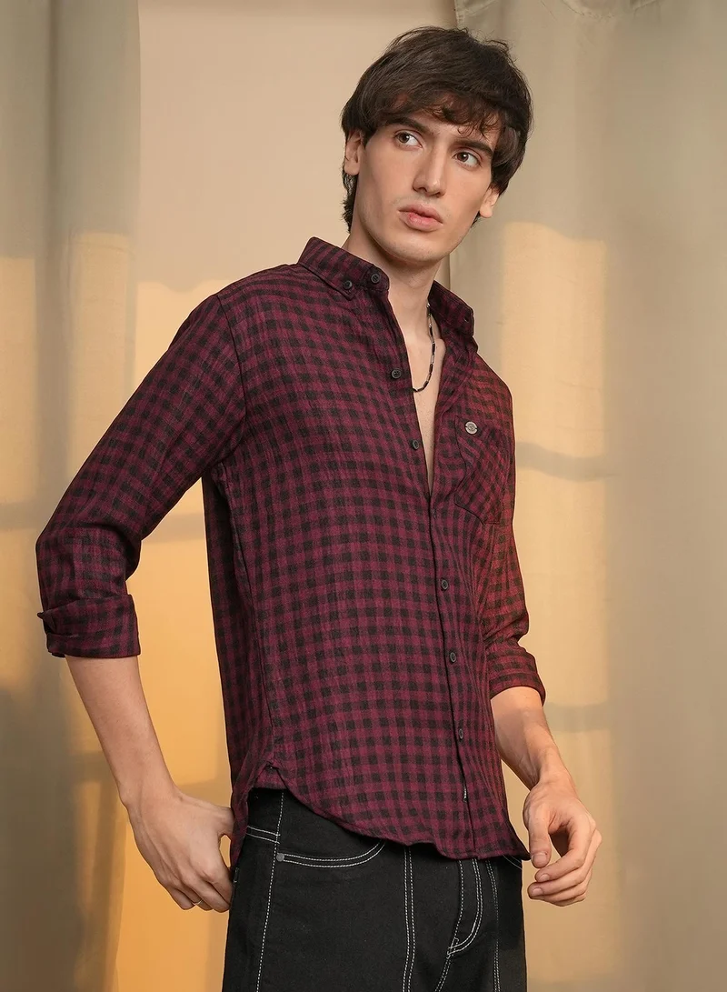 Campus Sutra Men's Wine Red & Charcoal Black Gingham Shirt