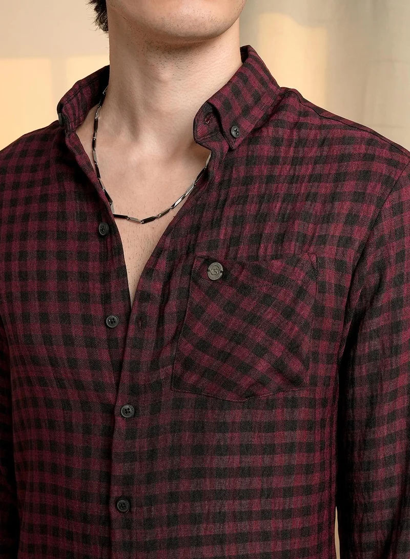 Campus Sutra Men's Wine Red & Charcoal Black Gingham Shirt