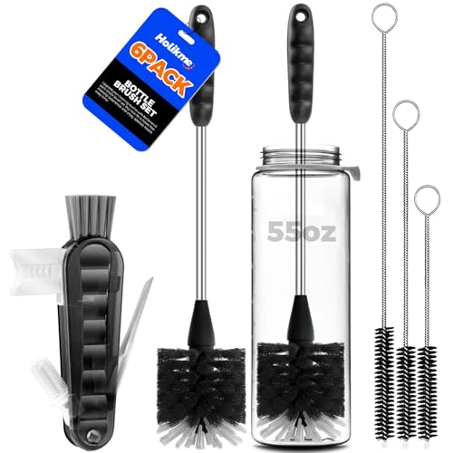 Holikme 6 Pack Bottle Brush Set 14 Long Handle Stainless Steel Bottle Cleaner Brush 3 Straw Brushes 4in1 Bottle Cleaning Brush for Water Bottle Antistatic Lab Brushes Straws Black - Image 1