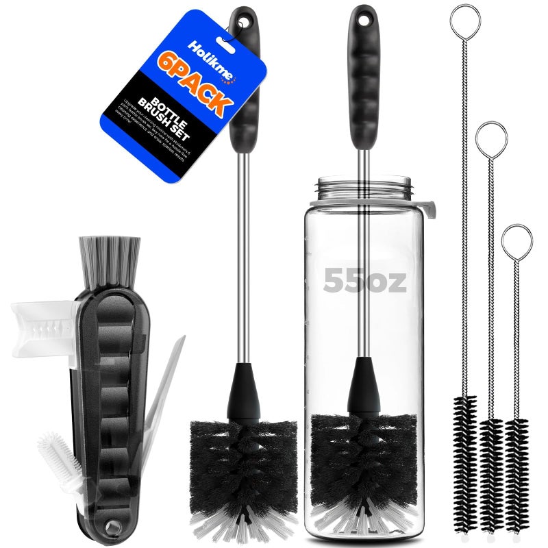 Holikme 6 Pack Bottle Brush Set 14 Long Handle Stainless Steel Bottle Cleaner Brush 3 Straw Brushes 4in1 Bottle Cleaning Brush for Water Bottle Antistatic Lab Brushes Straws Black - Image 2