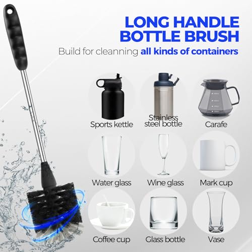 Holikme 6 Pack Bottle Brush Set 14 Long Handle Stainless Steel Bottle Cleaner Brush 3 Straw Brushes 4in1 Bottle Cleaning Brush for Water Bottle Antistatic Lab Brushes Straws Black - Image 3
