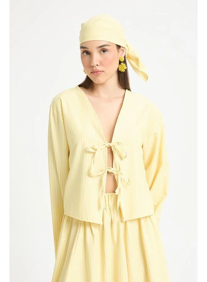 mina aise Yellow Striped Poplin Fabric Front-Tied Blouse 29276.