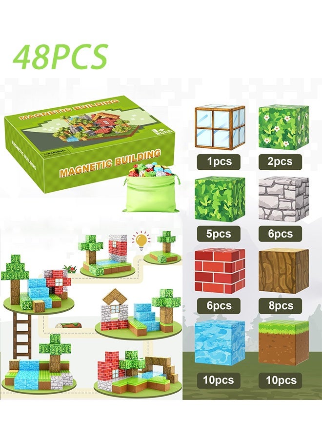 Metoo 48 Pieces Magnetic Building Blocks - Build a Mine Magnet World Set for 3-5 and 6-8 Years Old Boys and Girls, STEM Montessori Stacking Toys, Sensory Building Blocks, Toddler Birthday Gift, 2cm Magnet Cubes, Essential Building Block Toys for Classroom - Image 1